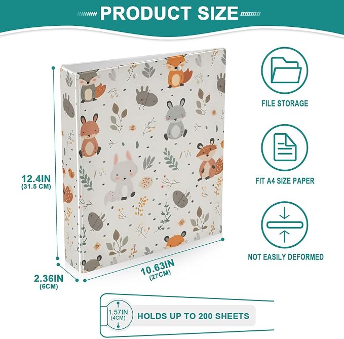 3 Ring Binder, Forest Fox Animals File Folder Holds 200 Sheets File Storage for Women Men School Office Supplie