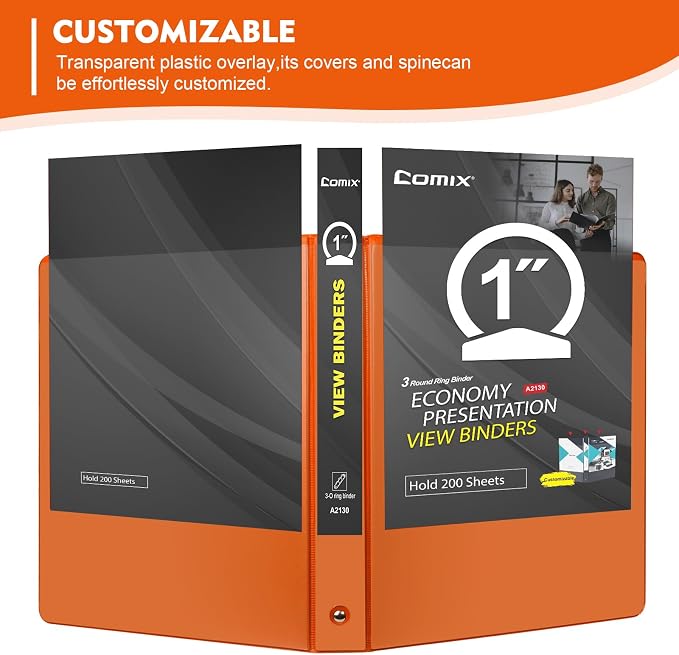 COMIX Sturdy 1 Inch 3 Ring Binder with Clear View Cover | 1"Heavy Duty Round Ring,PVC-Free Board,Holds 200 Letter Sheets,Wholesale for Offices & Classrooms,6 Pack (Orange)