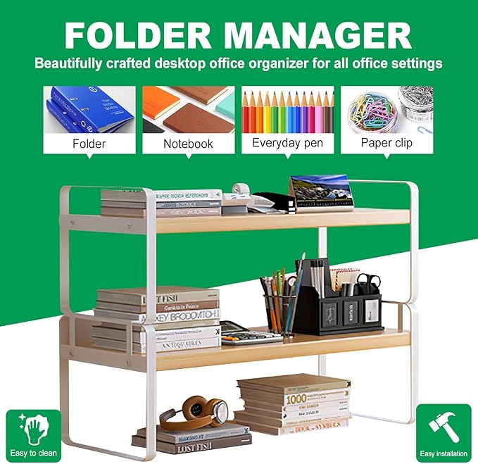 YGYQZ Desk Shelf Organizer, 2-Tier Desktop Bookshelf, White & Wood | Detachable Design, 2-Tier Storage, Multi-Use Desktop Shelf, Compact Organization, Ideal for Office, Dorm & Home