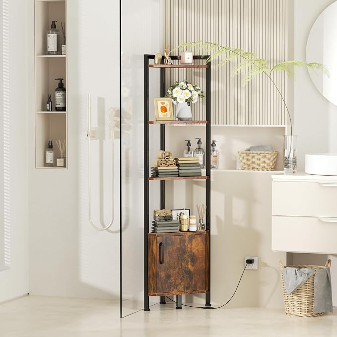 Corner Shelf Cabinet,Corner Bookshelf with Storage and LED Light | 62.8”Tall Wall Shelf Unit,Rustic Wood Display Shelves for Bedroom,Living Room,Kitchen,Metal Frame,Easy to Assemble