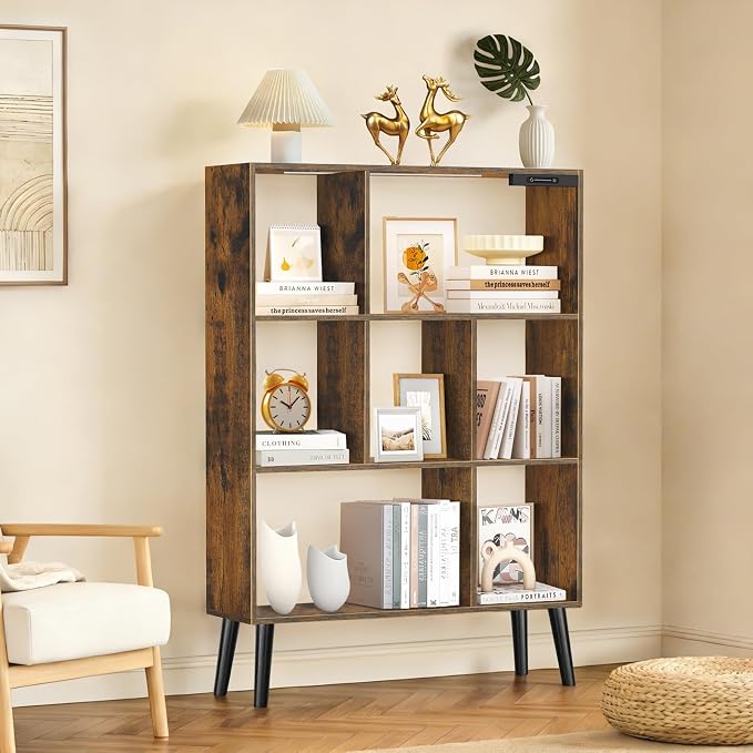 7-Cube Bookshelf with LED Lights, Touch & Remote Control, Freestanding Open Bookcase Storage Shelf, Dimmable Modern Wooden Display Organizer with Legs for Living Room, Bedroom (Rustic Brown)