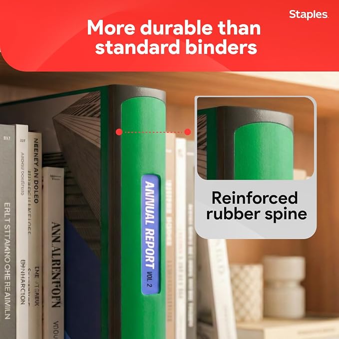 Staples Heavy-Duty 3-Inch D-Ring Binder, Green, Holds 600 Sheets | Large-capacity 3-ring binder with pockets for document storage.