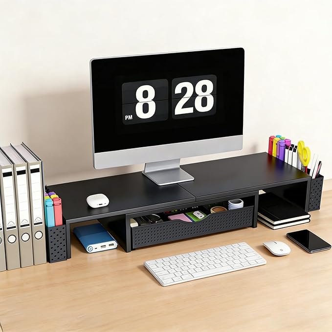 Spacrea Metal Desk Organizers and Accessories, Dual Monitor Stand Riser with Drawer and 2 Pen Holders, Desk Accessories & Workspace Desktop Organizers for Office Supplies (Black)