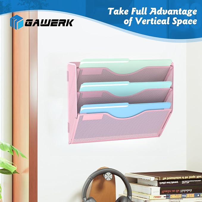 Gawerk 3 Tier Hanging Wall File Organizer, Mesh Mail Paper Orgnization Hanging File Folder Holder for Home Office, Pink