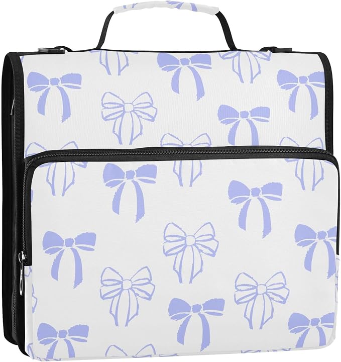 Bow Knot Purple Doodle Zipper Binder with Shoulder Strap Bag 3 Ring Binder Organizer Large Capacity Multiple Compartments for School Office