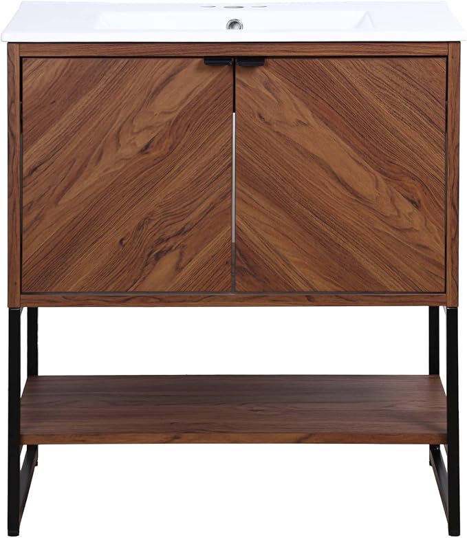 JONATHAN Y Juhl 30" Chevron Freestanding Bathroom Vanity Cabinet, Walnut | Modern Minimalist Design, 18" Deep 33" Tall, 2 Soft-Close Doors, Interior And Open Shelves, Sink Not Included