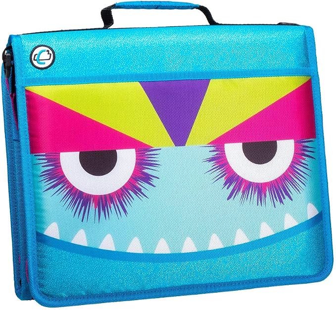 Case-it Z Shape Zipper Binder | Dual 1.5" D-Rings | 500-Sheet | Z-176-ME | Z Shape, Two Binders in One, Double-Sided, Multiple Pockets, Shoulder Strap, Monster Design, School & Office