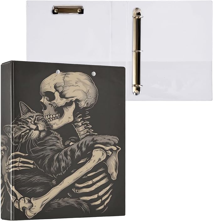 Funny Cat Skeleton Skull Black 3 Ring Binder with 2 Interior Pockets 1.5 inch Binders 3 Ring Heavy Duty Fit 8.5" x 11" Letter Size for Office School, 2 Pack