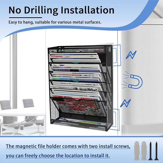 7-Tier Magnetic File Holder, No Drilling Wall File Organizer, Hanging File Organizer, Vertical Holder Rack for File Cabinets, Whiteboard, Refrigerator