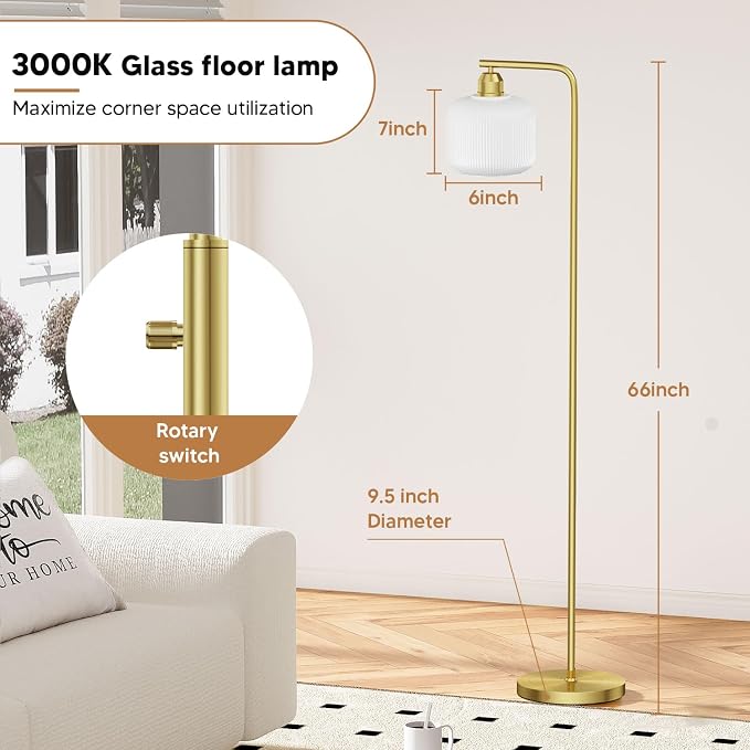 66" Dimmable Gold Standing Lamp with White Ribbed Glass for Living Room | Vintage Floor Lamp with Brushed Gold, Stepless Rotary Switch and 3000K LED Bulb, Arc Floor Lamp for Bedroom & Study Room