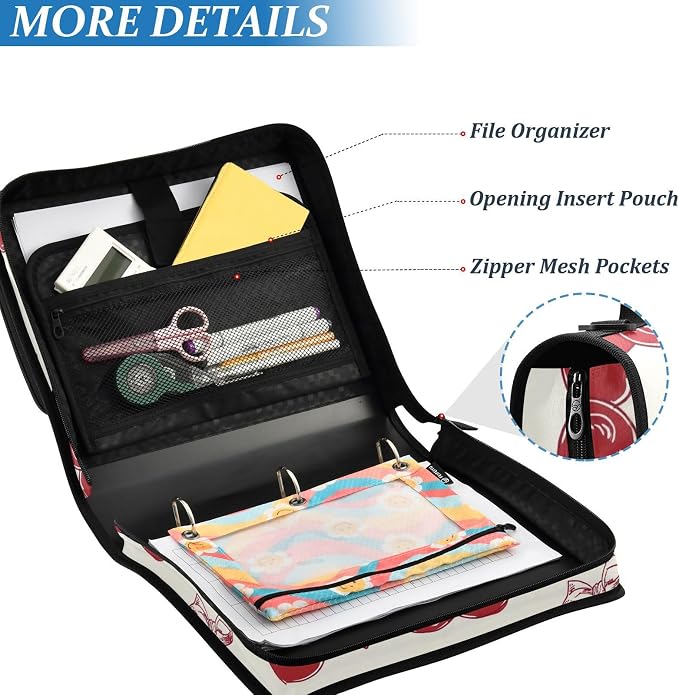 3 Ring Zipper Binder with Shoulder Strap Red Bow Cherry Love 2 Inch Zippered Binder Bag 500 Sheet Capacity Multi Pockets for School Supplies