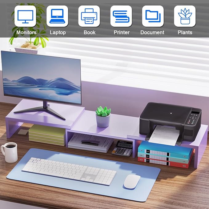 Dual Monitor Stand Riser | Monitor Stand for Desk, Metal Computer Stand, Desk Shelf Riser,Desktop Organizer for Home and Office Use (Purple)