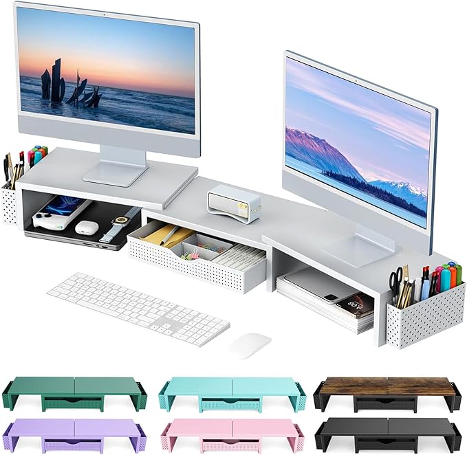 gianotter Dual Monitor Stand Riser With Drawer and 2 Pen Holders | Computer Monitor Stand Desk Organizer and Accessories Desk Shelf for Top of Desk (White)