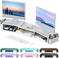 gianotter Dual Monitor Stand Riser With Drawer and 2 Pen Holders | Computer Monitor Stand Desk Organizer and Accessories Desk Shelf for Top of Desk (White)
