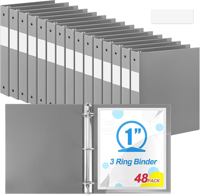 Henoyso 48 Pack 1 Inch 3 Ring Plastic Binders, Bulk Flexible PP Binders for Classroom & School Supplies, Letter Size 8.5 x 11, Holds 240 Sheets with Interior Pocket (Grey)