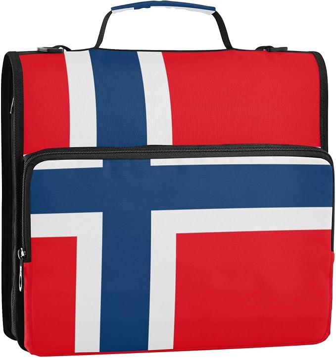 Fisyme Flag of Kingdom Norway Zipper Binder 3 Ring with Zipper and Shoulder Strap Large Capacity Multi-Pocket Binder Organizer