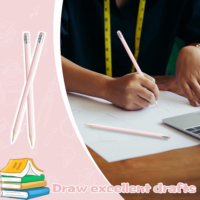 24PCS Macaron Pink Colored Pencils with Eraser Pre Sharpened Pencil 2 HB - Ideal for Checking, Grading, Tests & Office/School Supplies