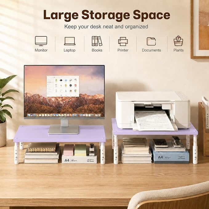 Adjustable Monitor Stand Riser for Desk, Wood Computer & Laptop Stand, Desk Organizers and Accessories, Office Desk Accessories & Workspace Organizer for Home Office Supplies, Purple