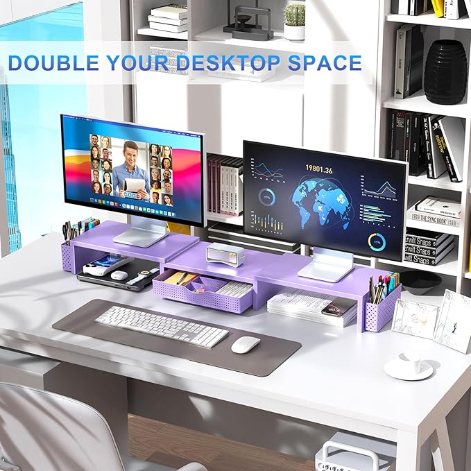 gianotter Dual Monitor Stand Riser With Drawer and 2 Pen Holders | Computer Monitor Stand Desk Organizer and Accessories Desk Shelf for Top of Desk (Purple)