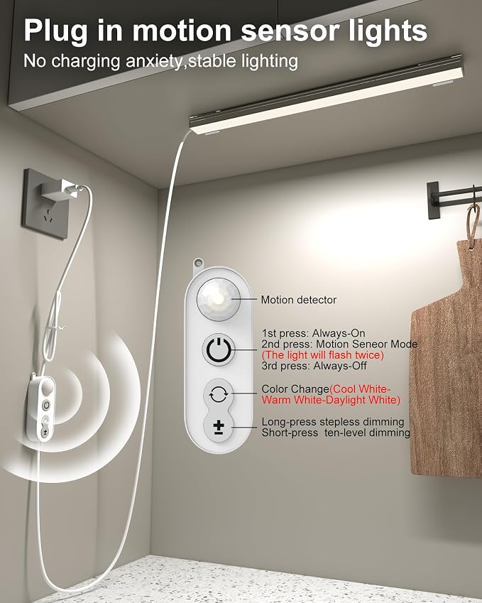 ASOKO Motion Sensor LED Under Counter Light 14.5in 3 Color | ASOKO 14.5" Motion Sensor Under Cabinet LED Light, 3 Color Changing Plug in Counter Bar for Kitchen Desk
