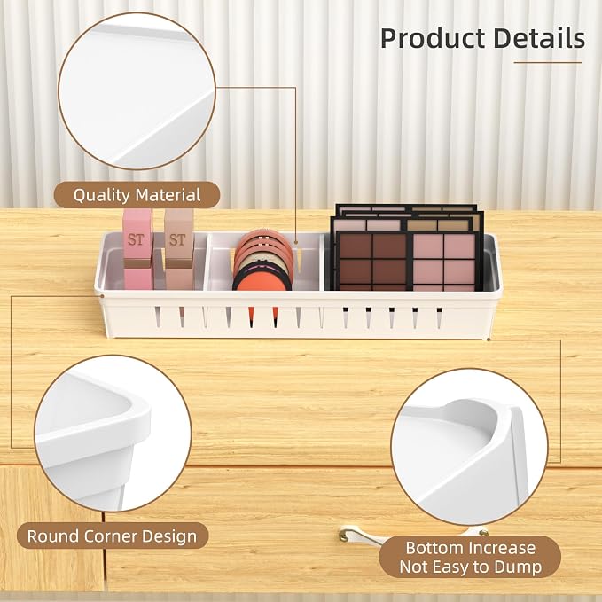 4 PCS Desk Drawer Organizer Tray, Office Drawer Organizer Bins | 8 pcs Dividers Adjustable, 16 pcs Non-Slip Silicone Pads, Makeup Vanity Organizer for Drawer, Plastic, White