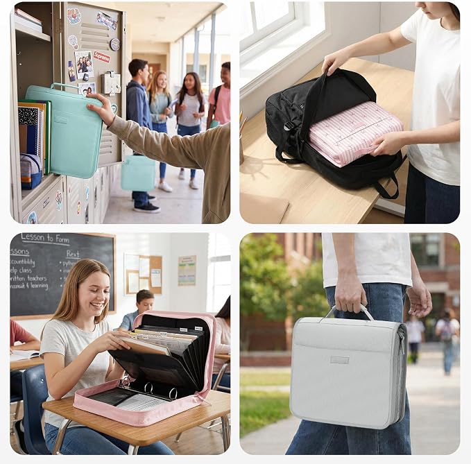 SUNEE Zipper Binder with Handle, 1.5 Inch O-Ring, 325 Pages Capacity, with 5-Tab Expanding File Folder for Classified Storage, Small Size Lightweight Zipper Bag for Middle School Students, Light Grey