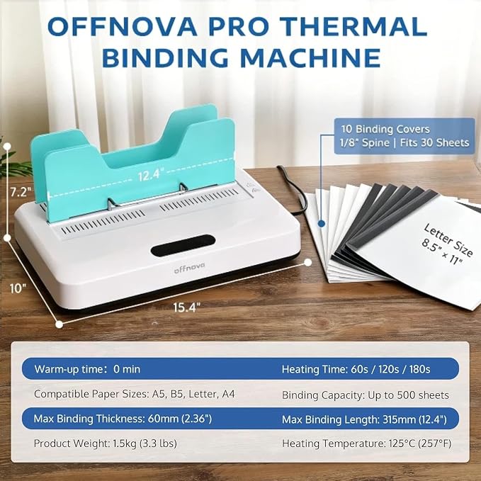 OFFNOVA Thermal Binding Machine 500 Sheets Capacity, No Preheat, Air Cooling, Book Binder Machine with 10 Binding Covers, for A4/A5/Letter Size Business Documents, Office and Homeschool Projects