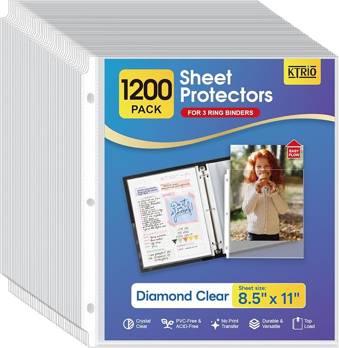 KTRIO Sheet Protectors for 3 Ring Binder 1200 Pack Plastic Sleeves 8.5 x 11 | Clear Page Protectors, Acid-Free Plastic, Fits Letter Size Paper Documents, Top Loading, Business Office School Supplies