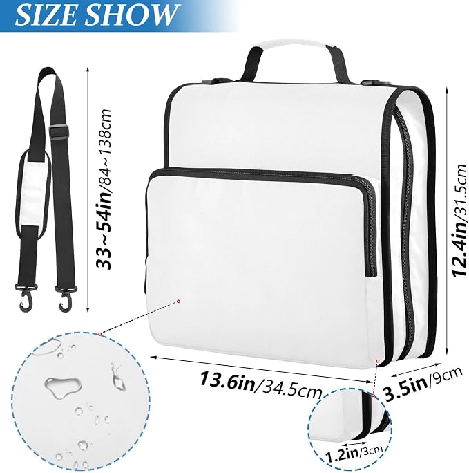 Fisyme White Zipper Binder 3 Ring with Zipper and Shoulder Strap Large Capacity Multi-Pocket Binder Organizer