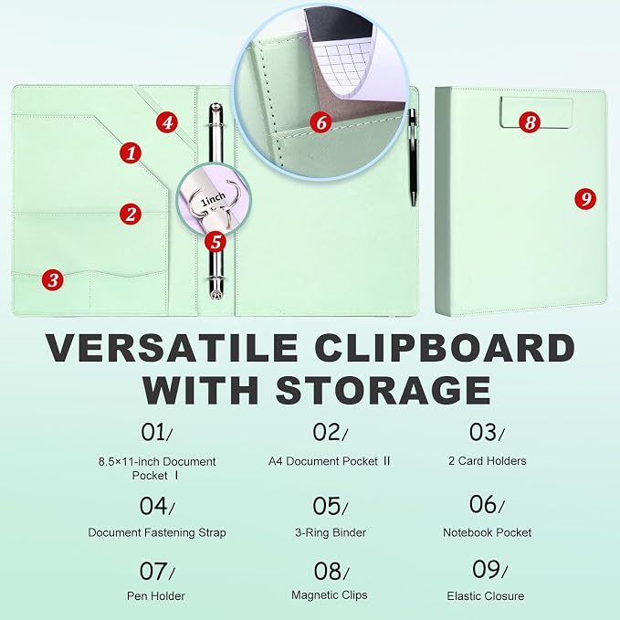 Leathario 1 Inch 3 Ring Binder with Clipboard Storage Vegan Leather | Includes 10 Clear Divider Pockets, 4 Envelope Pockets, 1 Pen Bag and 1 Pen, Suitable for A4/8.5x11 Paper, for Students Work