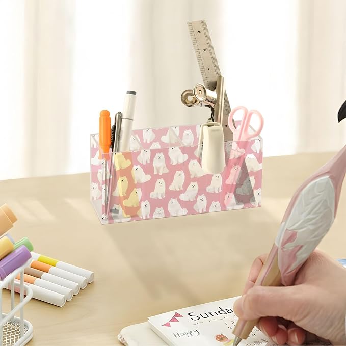 Cute Samoyed Dog 4 Compartment Acrylic Pencil Holder, Printed Pencil Holder Makeup Brush Holder Acrylic Desktop Accessories for Pencil Cutlery Toiletries Storage