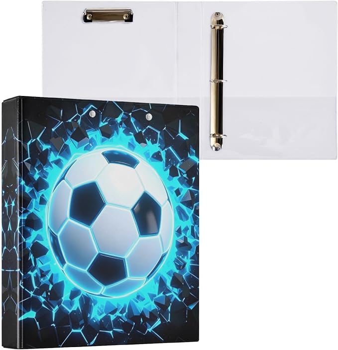 3 Ring Binder 3D Soccer Football Blue 1.5" Round Ring Binders View Binder with 200 Sheet for Kids School Supplies Women Men Office, 1 Pack
