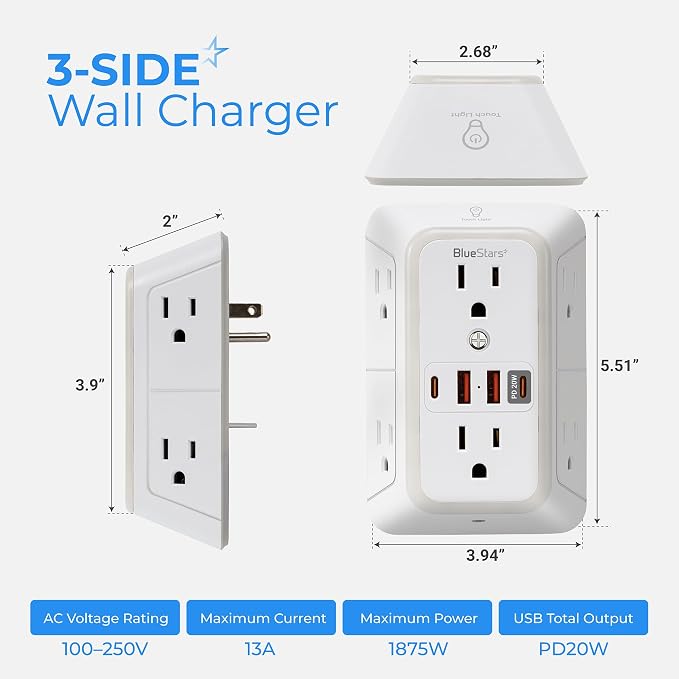 Surge Protector Outlet Extender, 6 Outlets & 4 USB Ports with Fast Charging Type C PD 20W, Night Light, 3-Sided Power Strip, Multi Plug Wall Charger for Home, Office, Travel, Cruise Ship