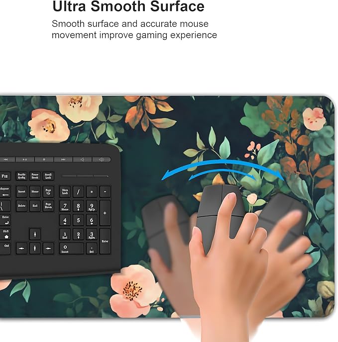 Cute Floral Aesthetic Rose Gaming Mouse Pad, Forest Green Moody Forest Desk Mat with Anti-Slip Base & Stitched Edges,35.4" x 15.7" in Table Mat for Computer Desktop, Beautiful Workstation Decor