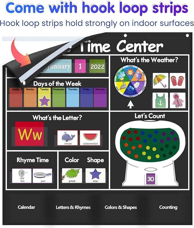 Auchq Circle Time Learning Center Pocket Chart, Heavy-Duty Kids Calendar for Classroom, Educational Pocket Chart Learning Calendar Weather Letter Counting Rhyme Color Shape(Black)