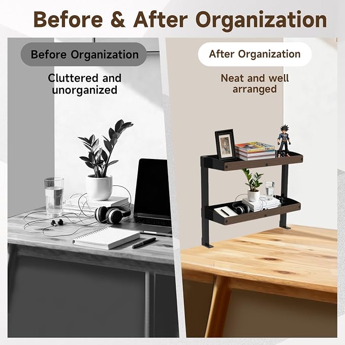 Clamp on Desk Shelf,17'' 2 Tier Office Desk Shelves Organizer with Under-Desk Hidden Storage Basket,Wood Desktop Supplies Storage Rack for Home Workspace, Study Rooms,Gaming Devices (Black)