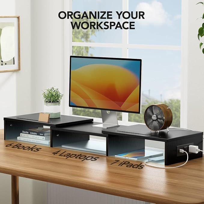 HUANUO Dual Monitor Stand -Monitor Stand with USB ports ,Adjustable Length and Angle, Dual monitor riser w/ Desktop Socket, Monitor Stand Riser for PC, Computer, Laptop (Black)