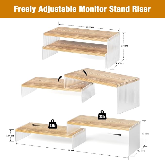 YGYQZ Adjustable Monitor Stand Riser, 7.67"×15.74" Dual Monitor Desk Stand | Adjustable Monitor Riser, Expandable Desk Organizer, 2-Tier Storage, Acrylic Legs, Ergonomic Workspace, Wood Wavy