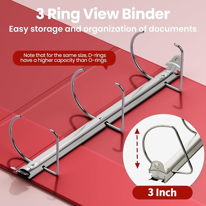 SUNEE 3 Ring Binder 3 Inch D Ring, Clear View Large Binder Three Ring PVC-Free (Fit 8.5x11 Inches) for School or Office Supplies, Dark Red, 1 Pack