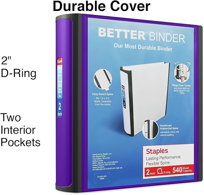 Staples Better 2-Inch 3-Ring Binder, Purple, Heavy-Duty | Reinforced binder built for school and office document organization.