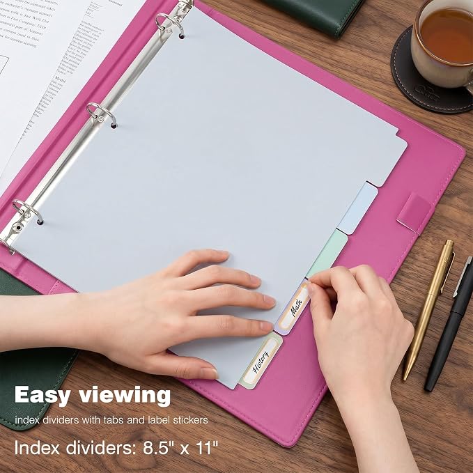 Ospelelf Leather 3 Ring Binder with Clipboard, 1 Inch Round Ring Vintage Hardcover Binder with Dividers and Tabs, Professional Binder Organizer for Office, School, Glitter Light Pink