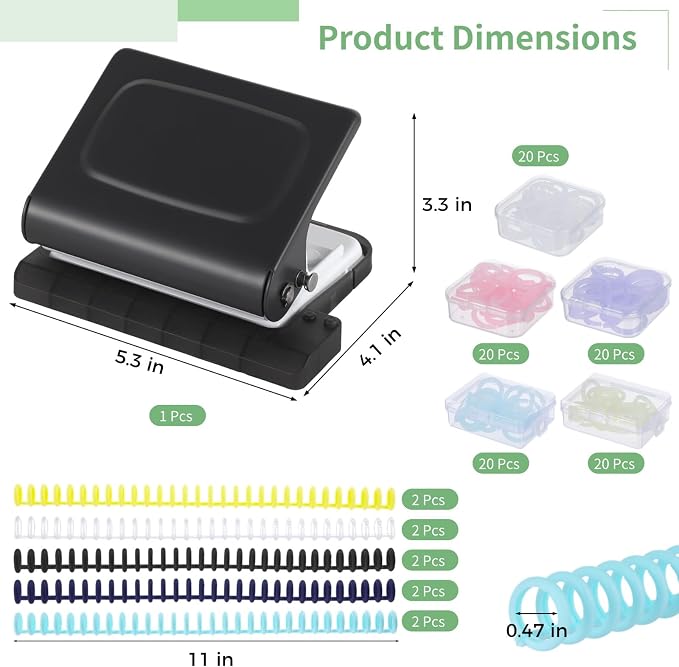 10-Hole Binder Machine Kit, Manual Binding System with 10 Pcs Loose Leaf Binding Spines & 100 Pcs Binder Rings, Binding Machine for Planner, 26 Holes on B5, 30 Holes on A4, 20 Holes on A5