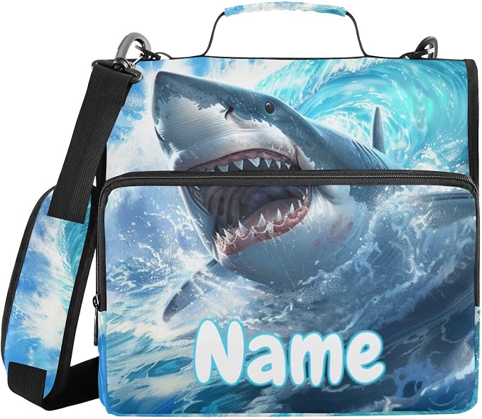 Custom Cute Shark Blue Ocean Wave 3 Ring Binder Bag 1.5 inch Personalized Name Binder Organizer 500 Sheet Documents Storage for School Office