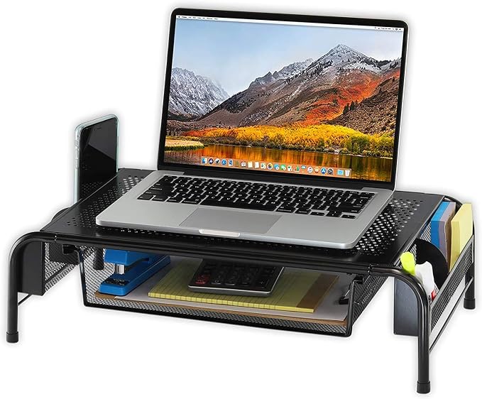 Simple Houseware Metal Desk Monitor Stand Riser w/ Organizer Drawer, Black | Side Storage for Office Supplies