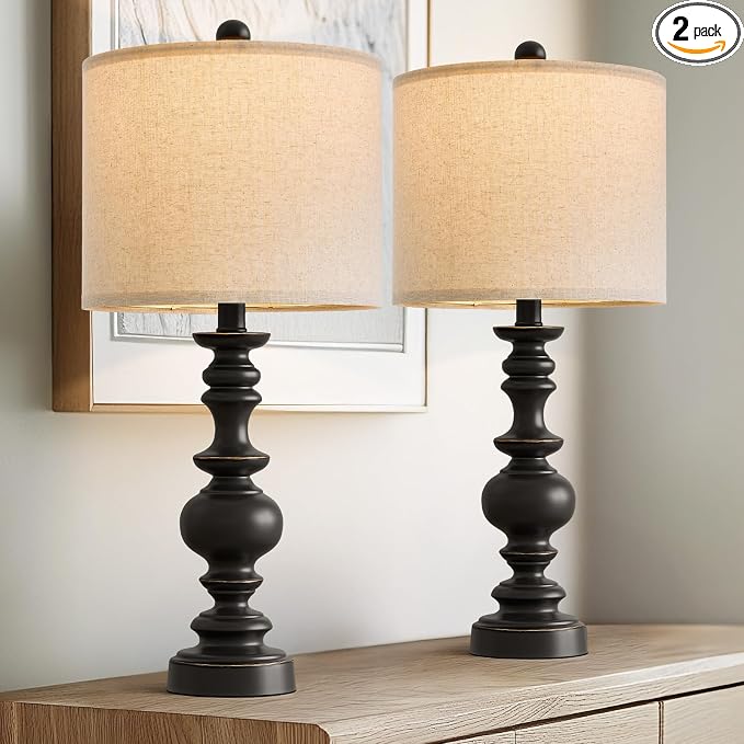 BOBOMOMO 24" Traditional Farmhouse Table Lamp Set of 2, Vintage Resin Lamps for Living Room Bedroom, Rustic Nightstand Lamp with Linen Shades, Retro Black Table Lamps for Living Room, Bedroom, Office