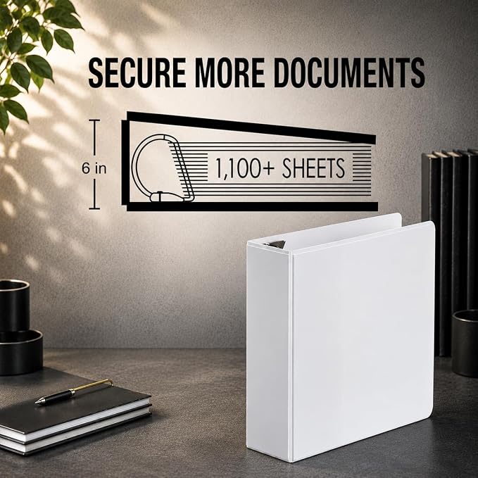 3 Ring Binders, 6 Inch D Ring Heavy Duty Large Binder with Pockets for 8.5" x 11" Sheet Size, Durable Non-Stick Customizable Clear View Cover (White)