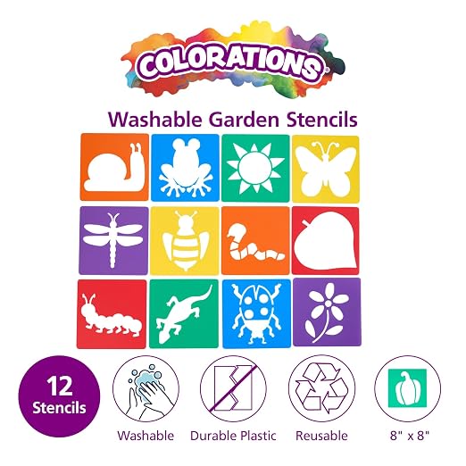 Colorations Garden Stencils, 12 Garden Designs, Made from Washable Plastic | Ages 5+, Kindergarten+, 8" Each, Jumbo Size, Kids Sturdy Stencils, Arts and Crafts