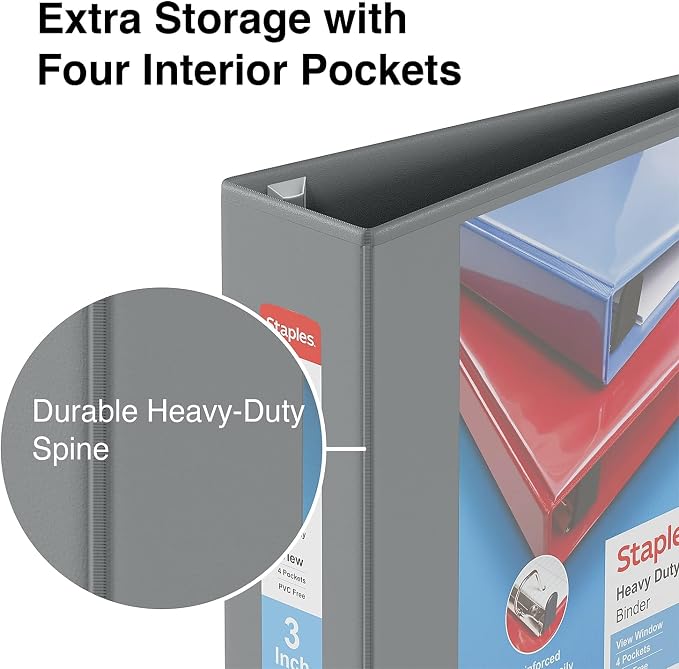 Staples Heavy-Duty 3-Inch D-Ring View Binder, Reinforced Spine, Holds Up to 600 Sheets, Gray, for Office & School