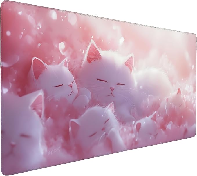 Cute Anime White Cat Gaming Mouse Pad, Pink Dreamy Desk Mat with Anti-Slip Base & Stitched Edges,35.4" x 15.7" in Table Mat for Computer Desktop, Beautiful Workstation Decor