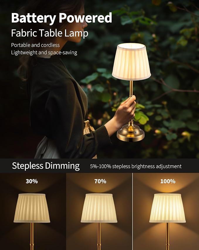 KDG Gold Cordless Portable LED Table Lamp, Beige Fabric Shade Desk Lamp | 4000mAh Rechargeable Battery Powered Lighting, Dimmable Light for Dining Room, Bedroom, Bedside, Night Light, Balcony